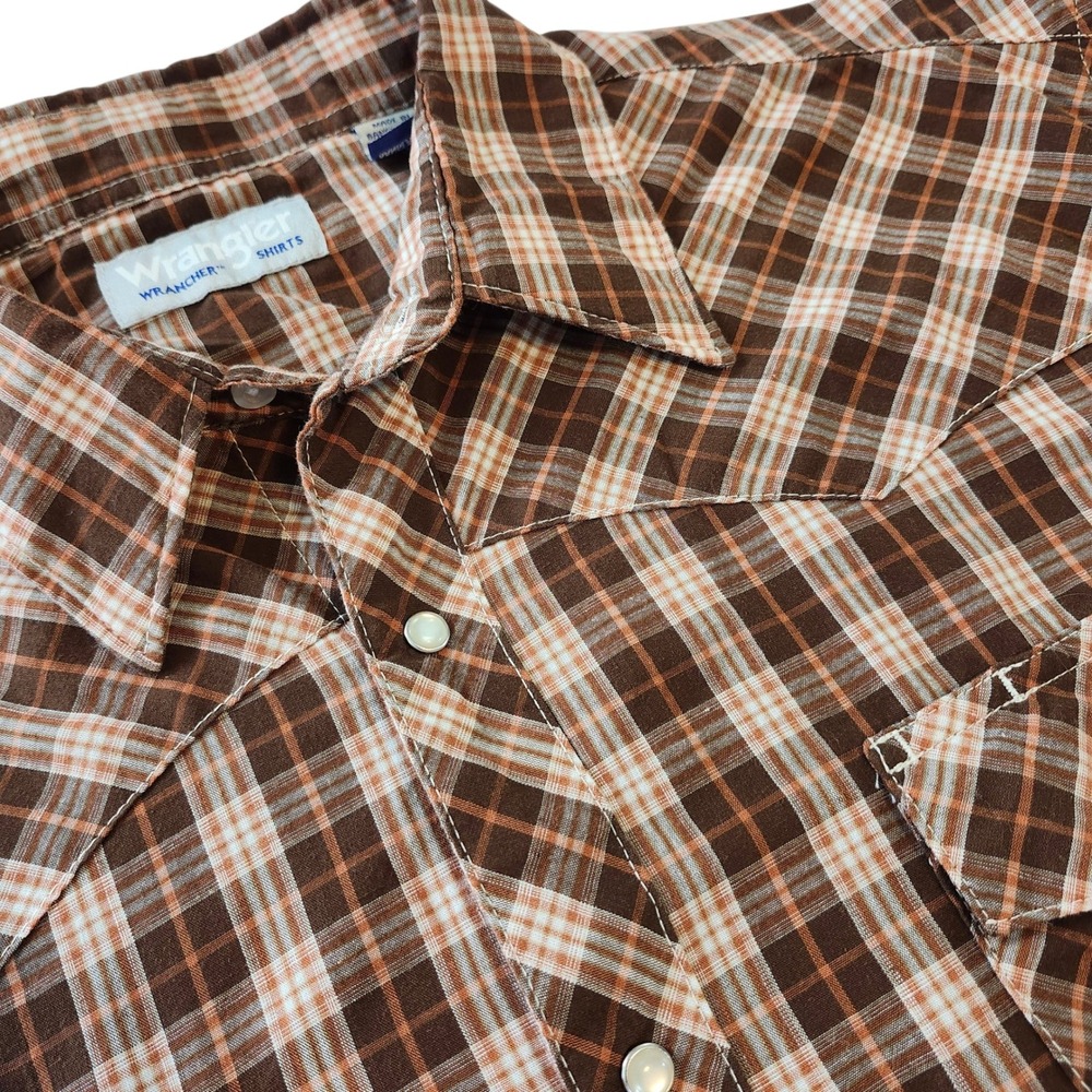 Wrangler Wrancher Western Pearl Snap Plaid Brown Orange Men's XL Shirt cowboy